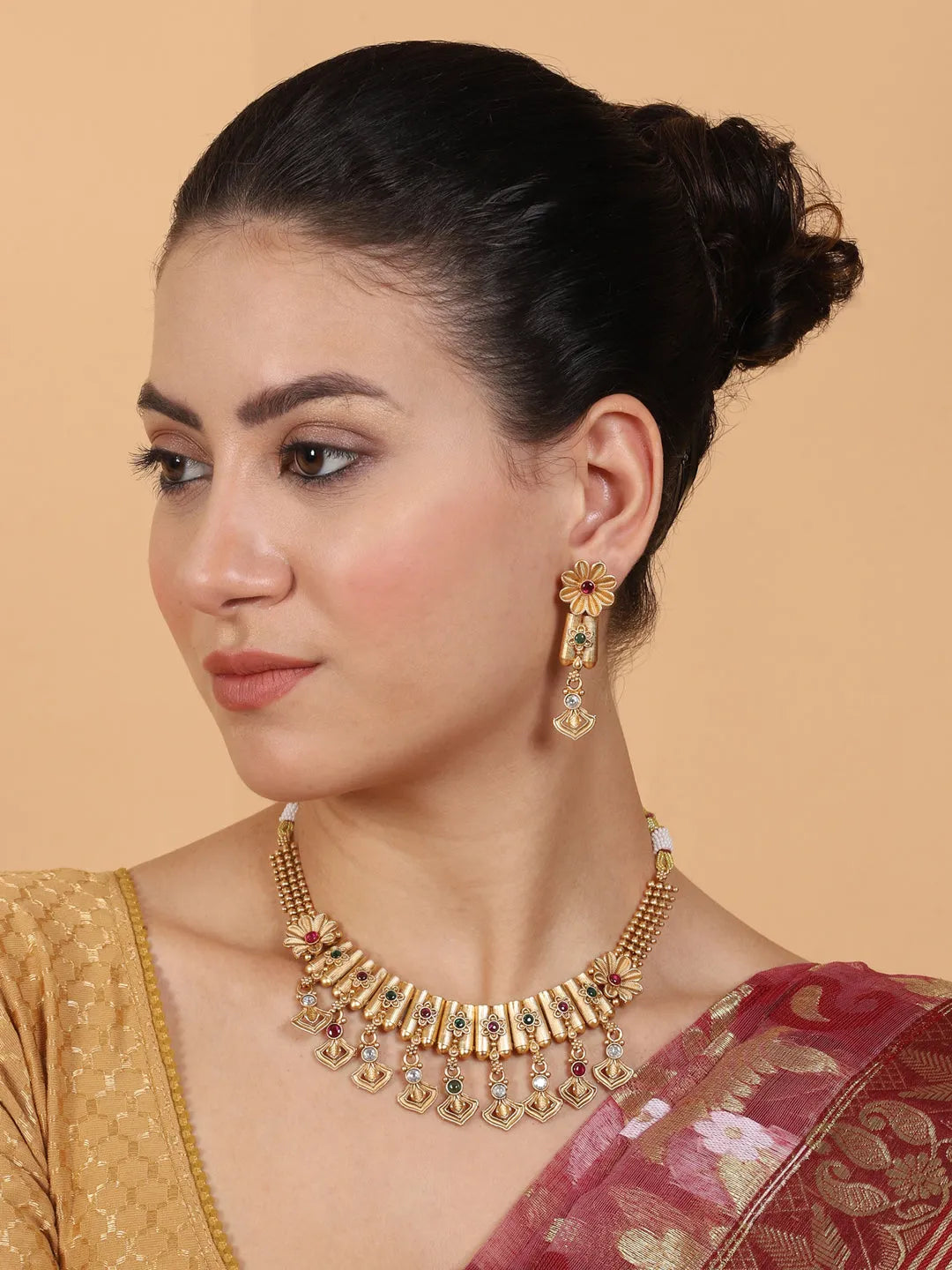 Gold Plated Diamond Rajwadi Necklace Set