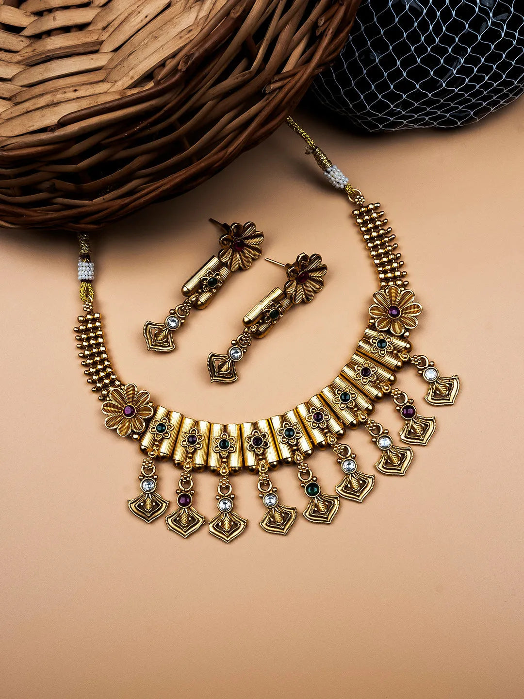 Gold Plated Kempu Hydra Rajwadi Necklace Set - Intricately designed necklace with Kempu stones, reflecting traditional Indian charm.