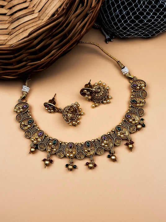 Gold Plated Kempu Hydra Rajwadi Necklace Set - Intricately designed necklace with Kempu stones, reflecting traditional Indian charm.