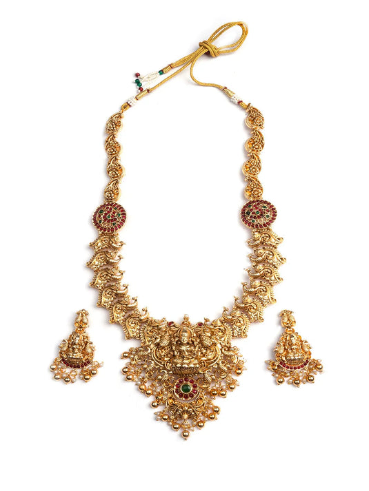 Exquisite Golden Beads Temple Goddess Long Necklace Set | Handcrafted Indian Jewelry