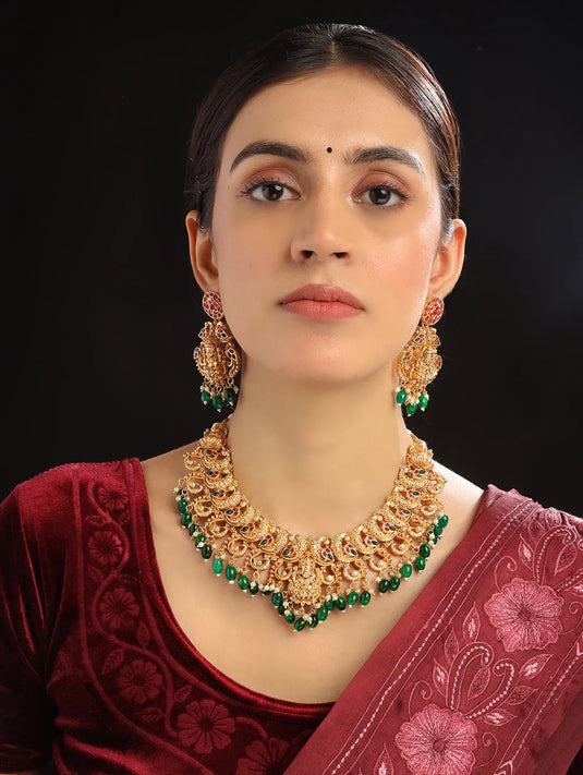 Gold Plated Mahalakshmi Necklace set with Green Droplet Beads