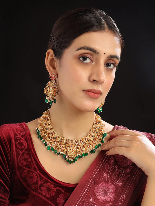 Gold Plated Mahalakshmi Necklace set with Green Droplet Beads