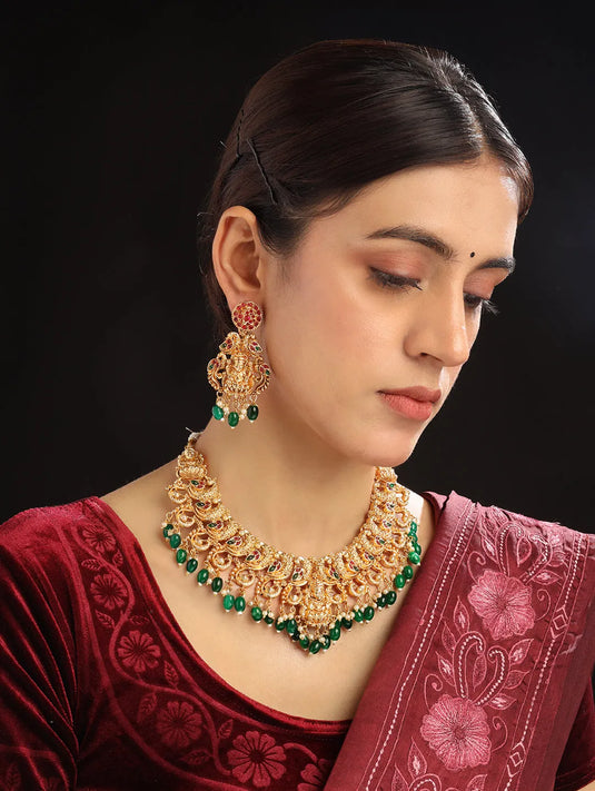 Gold Plated Mahalakshmi Necklace set with Green Droplet Beads