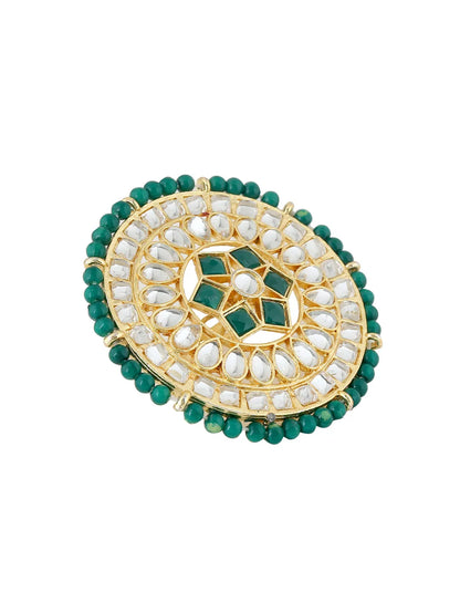 Gold plated red and green kundan stone studed meenakari adjustable finger ring.