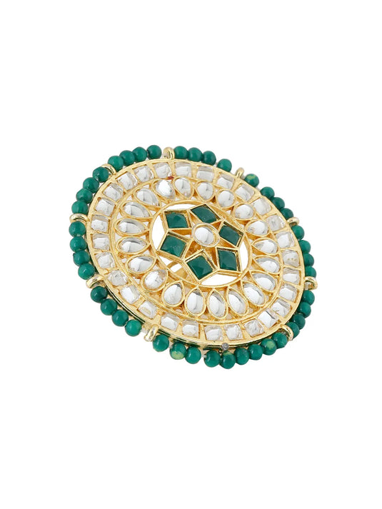 Gold plated red and green kundan stone studed meenakari adjustable finger ring.