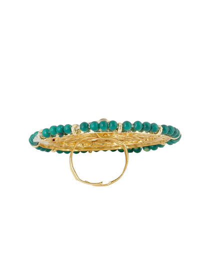 Gold plated red and green kundan stone studed meenakari adjustable finger ring.