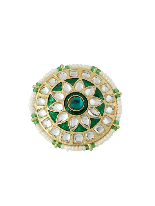 Gold plated green and white Kandan stone studded minakari adjustable finger ring