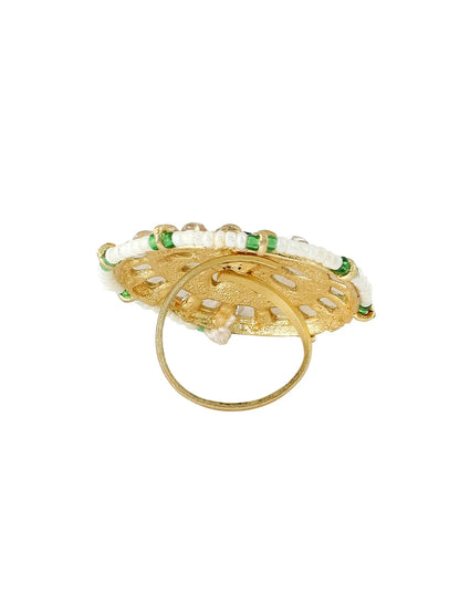 Gold plated green and white Kandan stone studded minakari adjustable finger ring