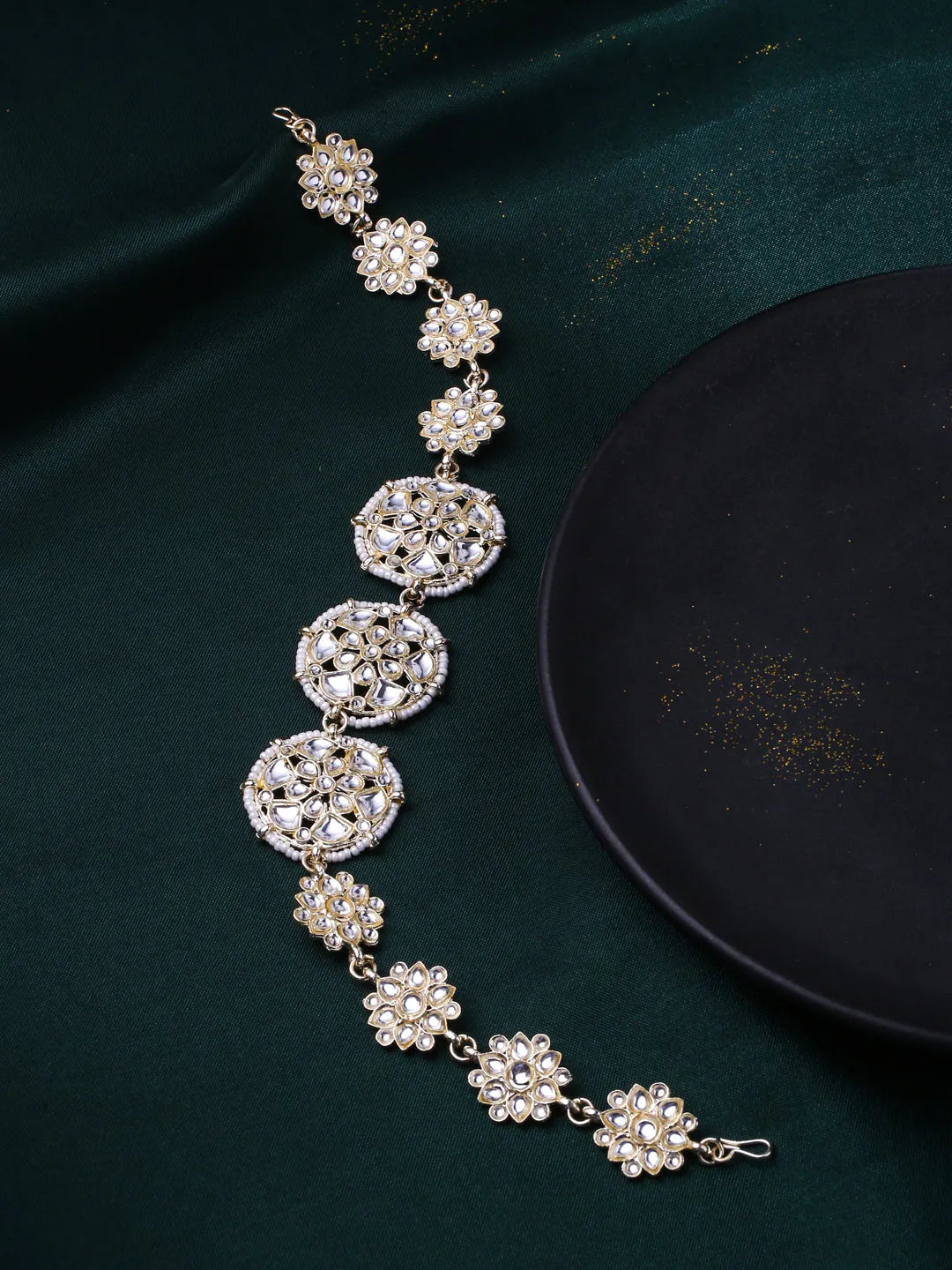 Gold Plated White Kundan Studded and beaded Matha Patti