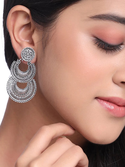 Silver plated crescent shaped drop earrings