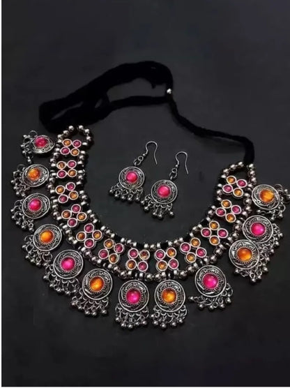 Silver-Plated Oxidised Stone-Studded &amp; Beaded Jewellery Set ( Combo of 2) Samridhi DC