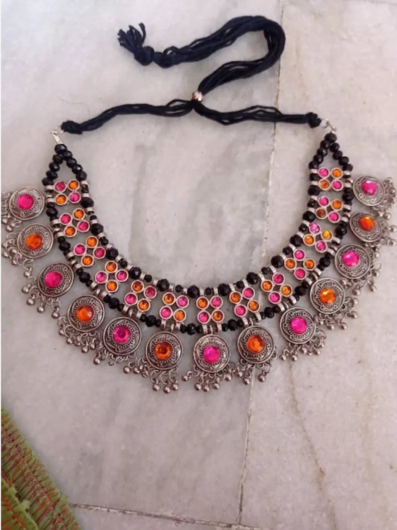 Silver-Plated Oxidised Stone-Studded &amp; Beaded Jewellery Set ( Combo of 2) Samridhi DC