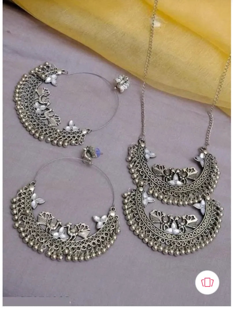 Oxidised Silver-Plated Stone-Studded &amp; Beaded Jewellery Set Samridhi DC