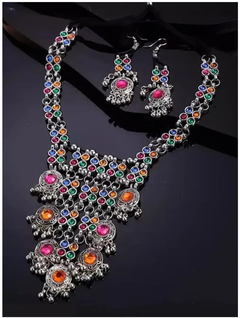 Silver-Plated Stone Studded &amp; Beaded Jewellery Set Samridhi DC