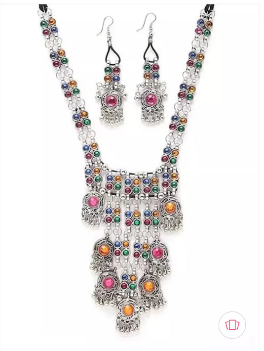 Silver-Plated Stone Studded &amp; Beaded Jewellery Set Samridhi DC