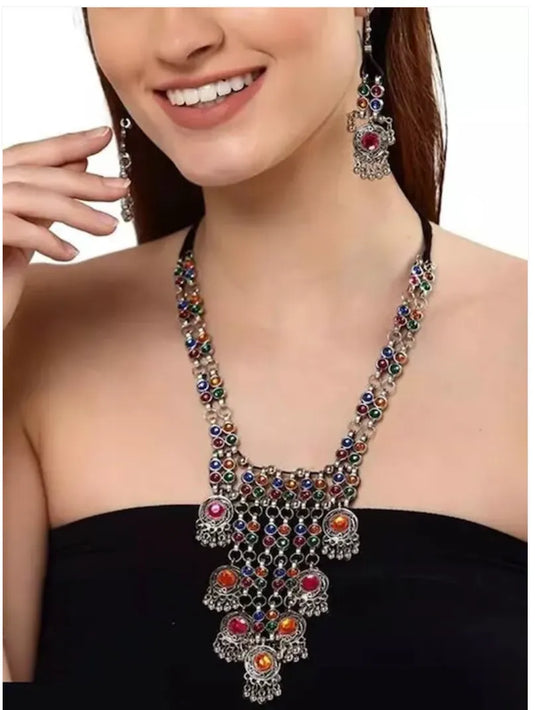 Silver-Plated Stone Studded &amp; Beaded Jewellery Set Samridhi DC