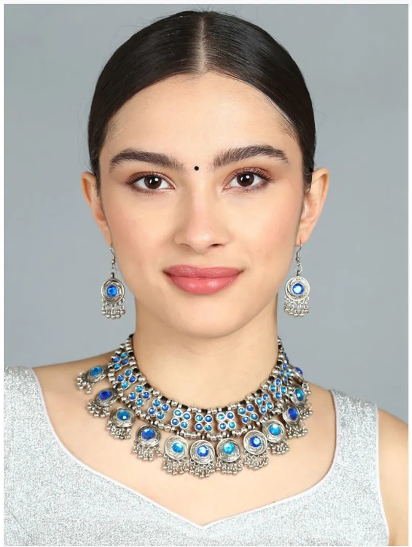 Oxidised Silver-Plated Blue Stone Studded &amp; Beaded Jewellery Set Samridhi DC