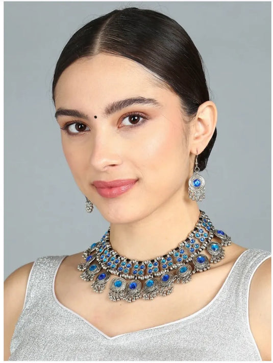 Oxidised Silver-Plated Blue Stone Studded &amp; Beaded Jewellery Set Samridhi DC