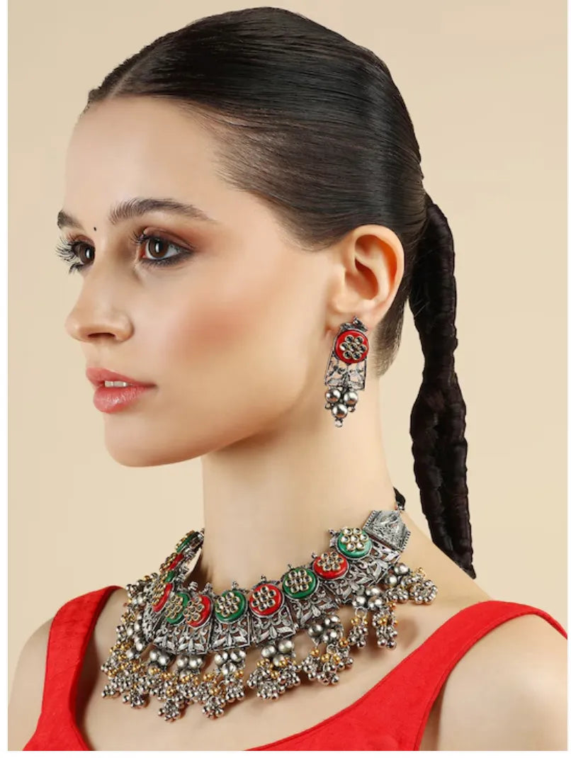 Silver-Plated Multicolor Stone Studded &amp; Beaded Jewellery Set Samridhi DC