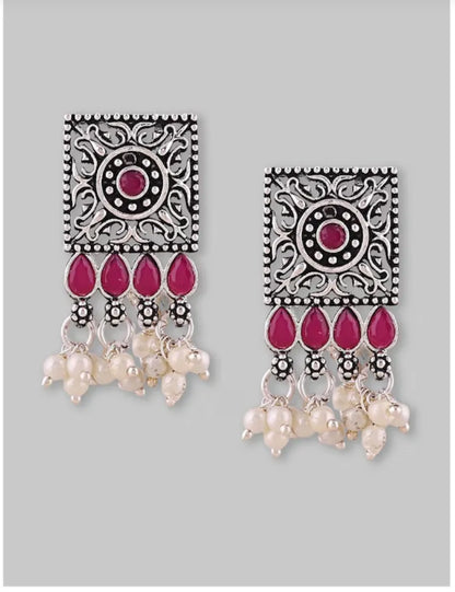 Silver-Plated Maroon Stone Studded &amp; Beaded Jewellery Set Samridhi DC