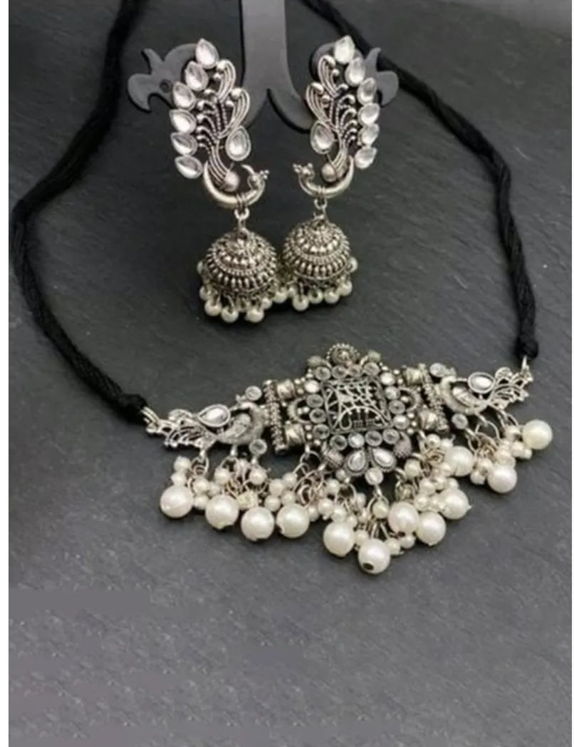 Silver-Plated Oxidised Stone-Studded &amp; Beaded Afghan Jewellery Set Samridhi DC