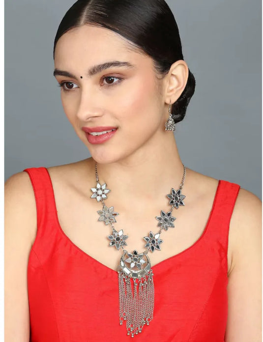 Silver-Plated Oxidised Stone-Studded &amp; Beaded Afghan Jewellery Set Samridhi DC