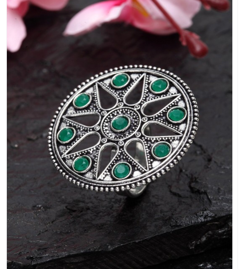 Oxidised Brass-Plated Silver-Toned &amp; Green Stone-Studded Handcrafted Tribal Adjustable Finger Ring