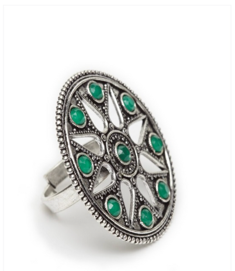 Oxidised Brass-Plated Silver-Toned & Green Stone-Studded Handcrafted Tribal Adjustable Finger Ring