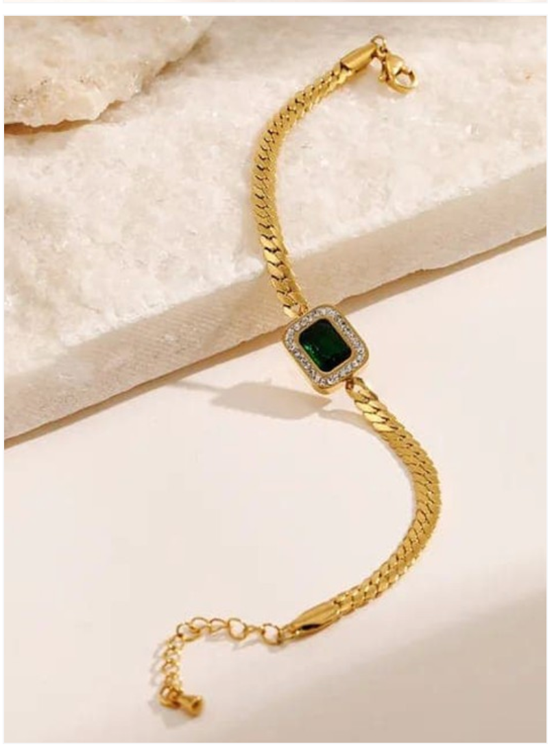 Emerald Green Curb 18K Gold Anti Tarnish Stainless Steel Bracelet