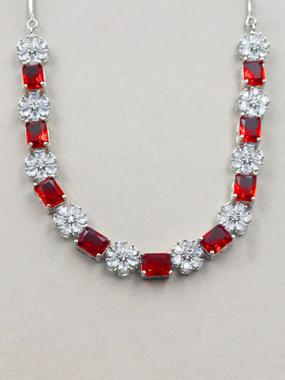 Exquisite Red Flower Motif CZ Sleek Necklace Set