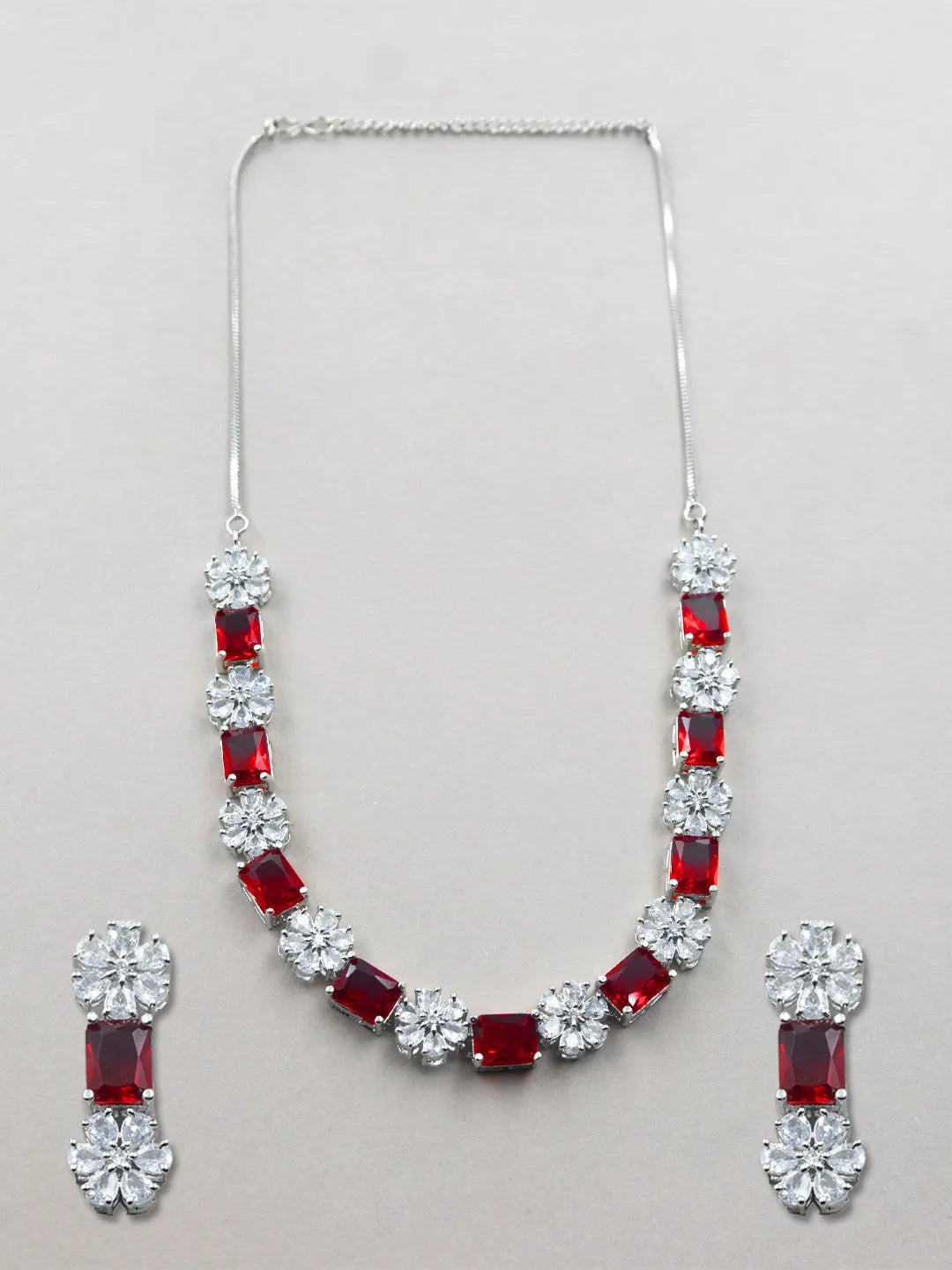 Exquisite Red Flower Motif CZ Sleek Necklace Set