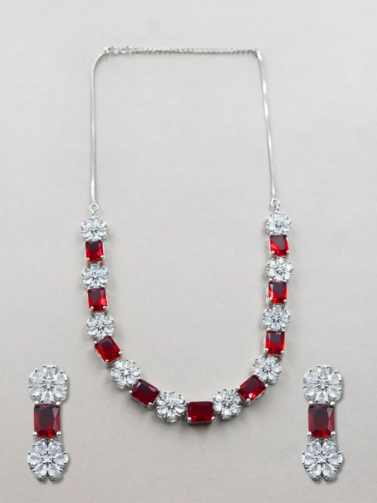 Exquisite Red Flower Motif CZ Sleek Necklace Set