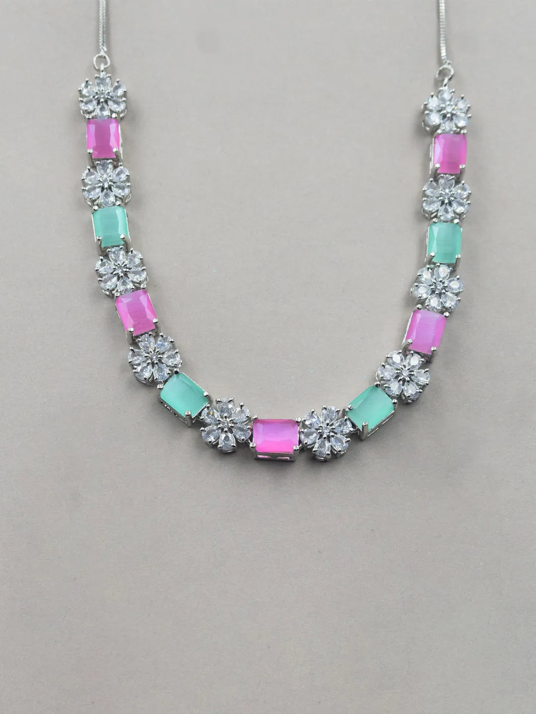 Exquisite Multicolor Flower Motif CZ Sleek Necklace Set