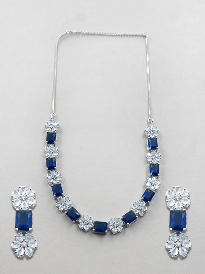 Exquisite Blue Flower Motif CZ Sleek Necklace Set