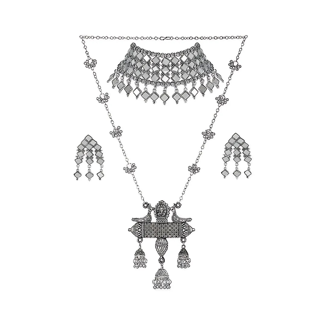 Combo Of 2 Oxidised Silver-Plated Oxidised Stone-Studded Jewellery Set - Firstglam