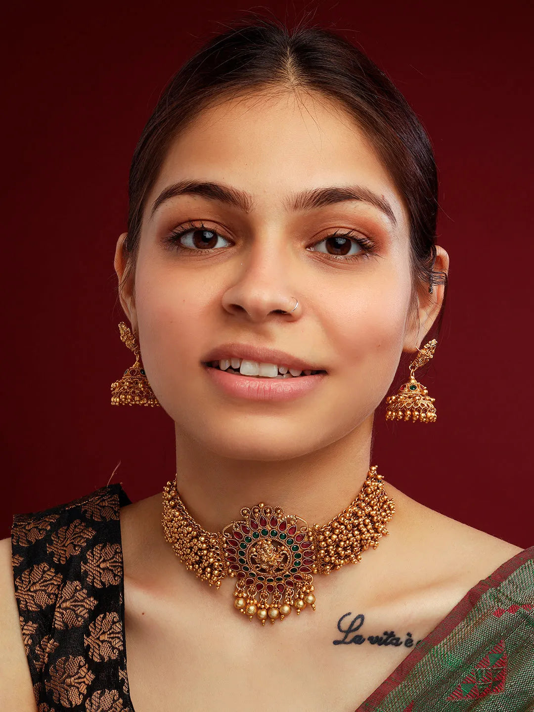 Exquisite Gold-Plated Temple Hydra Beads Necklace Set - A divine blend of tradition and elegance. Elevate your style with this stunning piece from SileAdda.