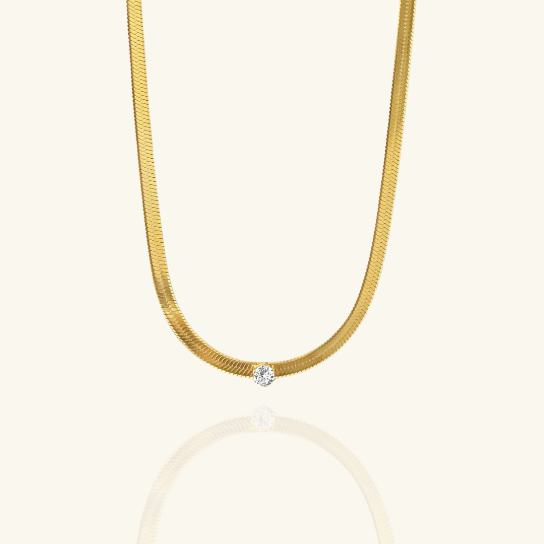 18K Gold Plated Stainless Steel Waterproof Snake Chain With A Solitaire Zircon