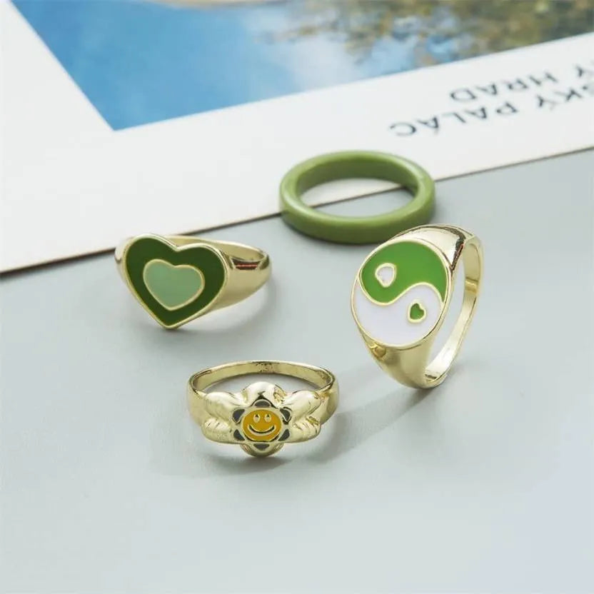 Fashion Geometric Heart Green Rings Set - Set Of 4 Destiny Jewels