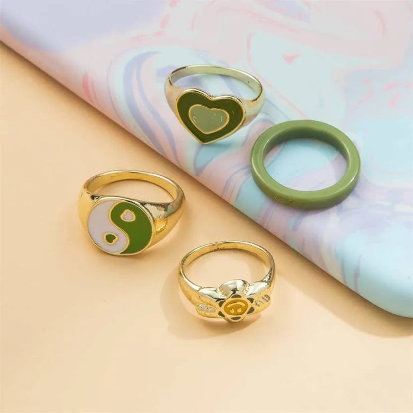 Fashion Geometric Heart Green Rings Set - Set Of 4 Destiny Jewels