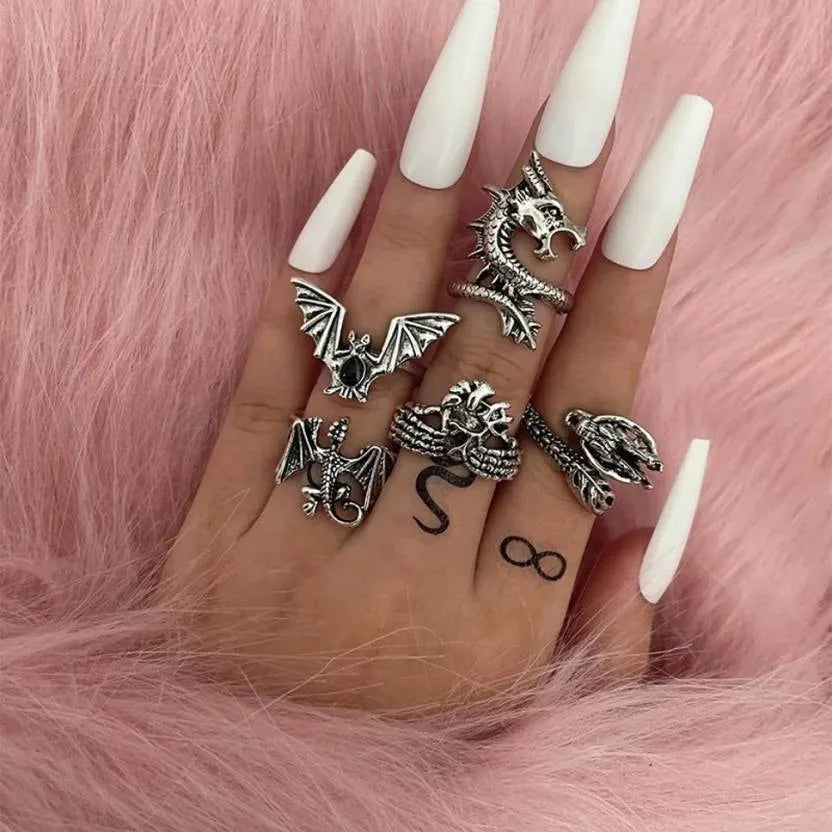 5Pcs Silver Dragon Bat Wing Rings - Set Of 5 Destiny Jewels