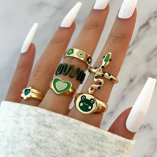 Modern Green Gold Plated Ring Set - Set Of 6 Destiny Jewels