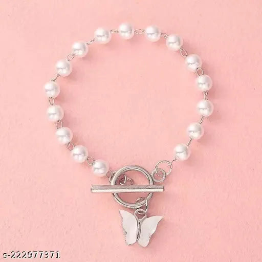 Minimal Pearl With Butterfly Charm Silver Coated Bracelet - Set Of 1 Destiny Jewels