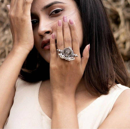 Oxidized Durga Ring With Pearl