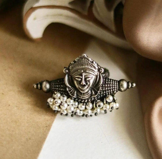 Oxidized Durga Ring With Pearl