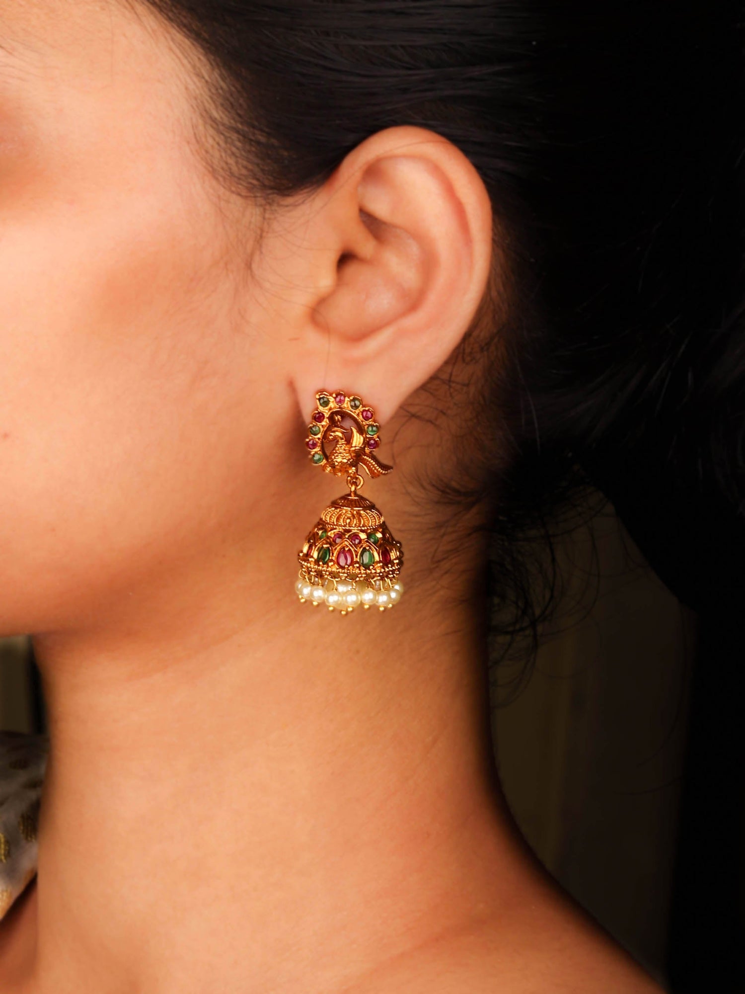 Traditional 18K Gold Plated Peacock Inspired South Indian Jhumka With Pearl Drop