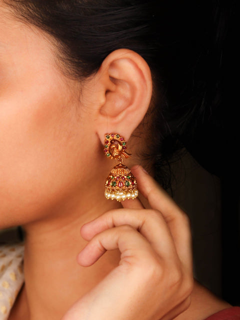 Traditional 18K Gold Plated Peacock Inspired South Indian Jhumka With Pearl Drop