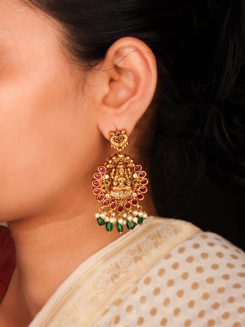 Luxurious Nakshi Goddess Lakshmi Earrings with Emerald Color Beads