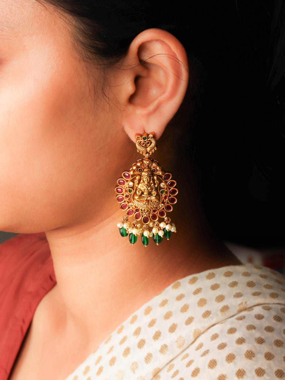 Luxurious Nakshi Goddess Lakshmi Earrings with Emerald Color Beads