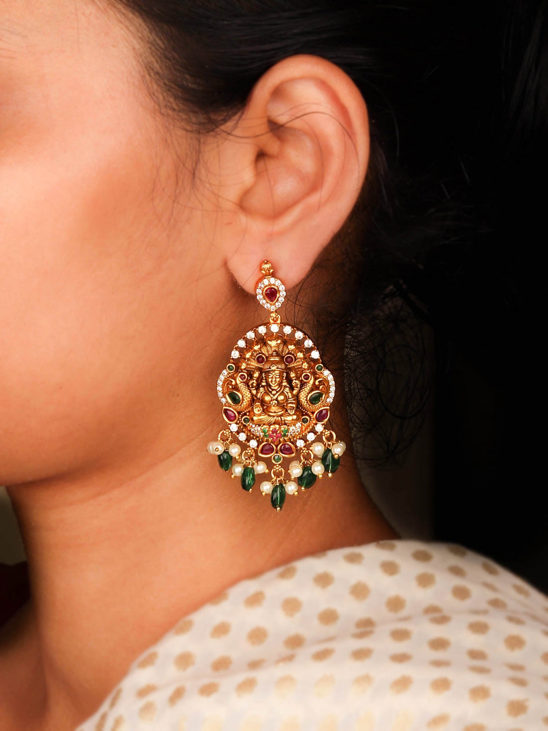 Luxurious Nakshi Goddess Lakshmi Earrings with Pearls and Green Beads