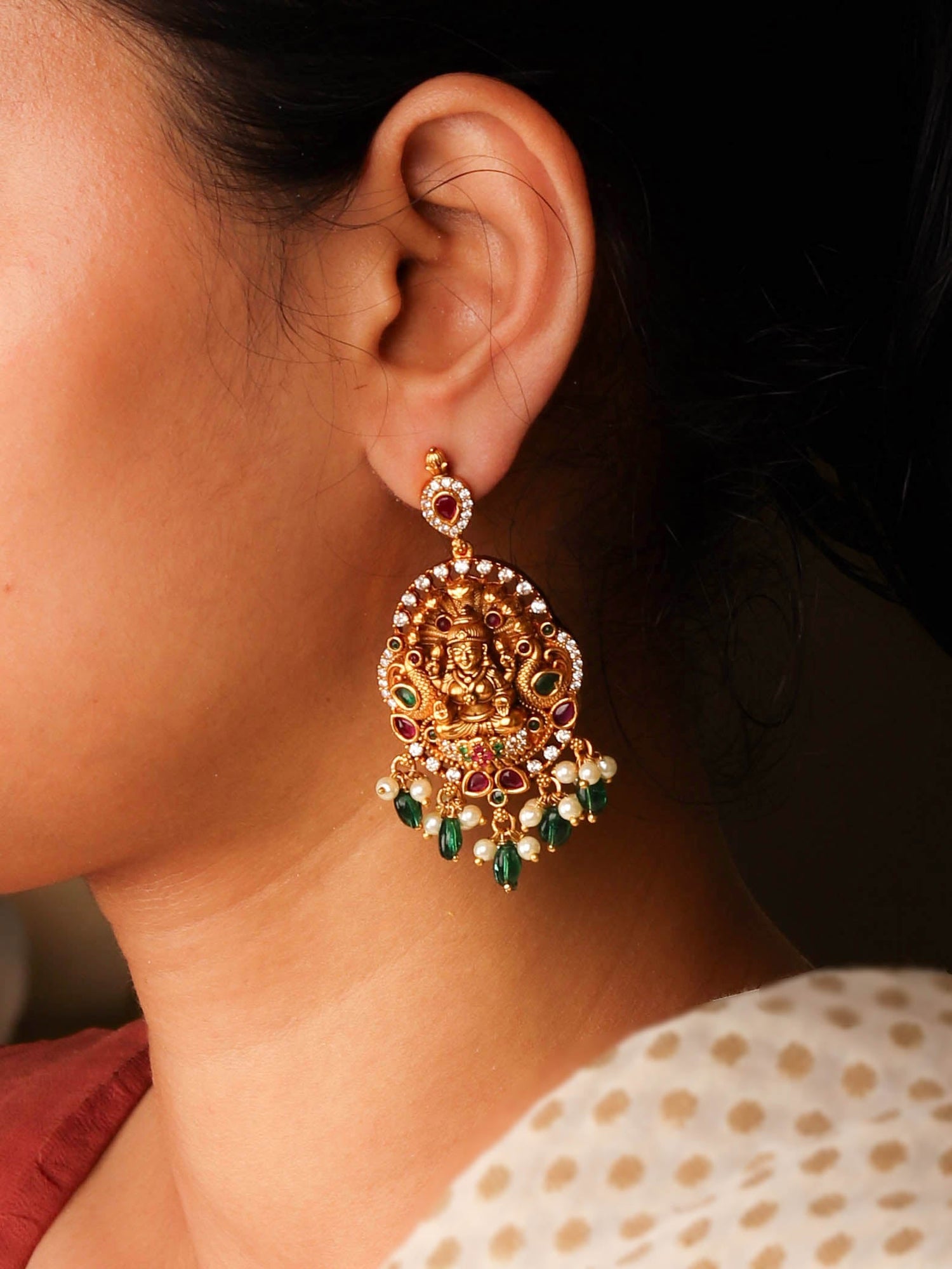 Luxurious Nakshi Goddess Lakshmi Earrings with Pearls and Green Beads